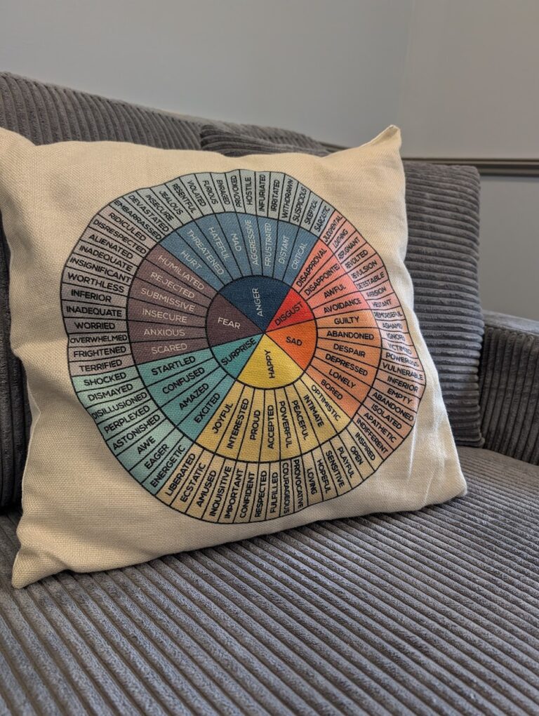 Feelings wheel pillow on a couch at the Hope and Wholeness Grand Haven office